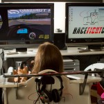 Cyndie Allemann trains on the Race Fight Club racing simulator in Shibuya, Tokyo