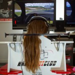 Cyndie Allemann trains on the Race Fight Club racing simulator in Shibuya, Tokyo